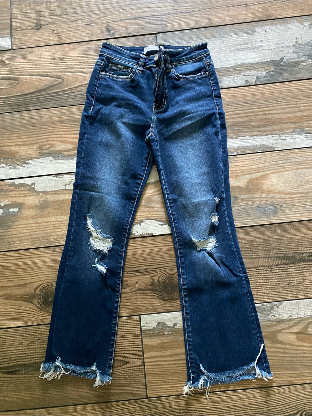 VERVET BY FLYING MONKEY Dark Blue Distressed Flare Jeans